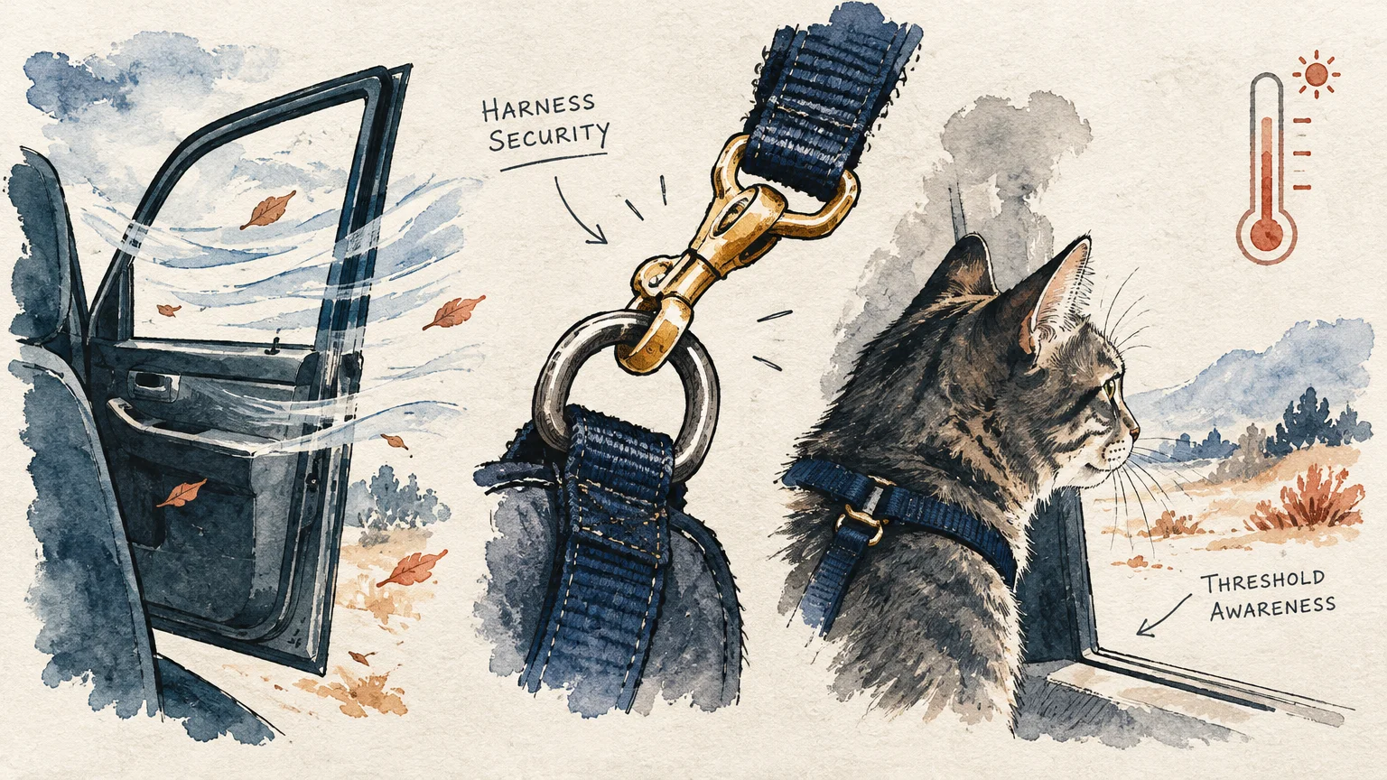 Watercolor illustration showing an open car door, a harness clip labeled harness security, and a cat looking out a window.
