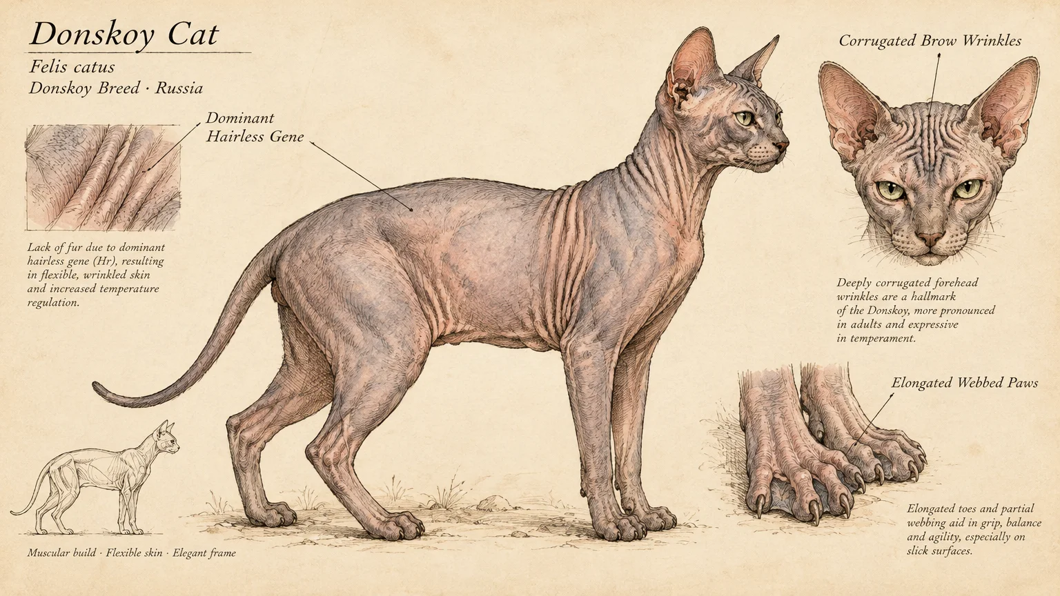 Illustrated anatomical study of a hairless Donskoy cat with labeled diagrams of its wrinkled skin, brow, and webbed paws.