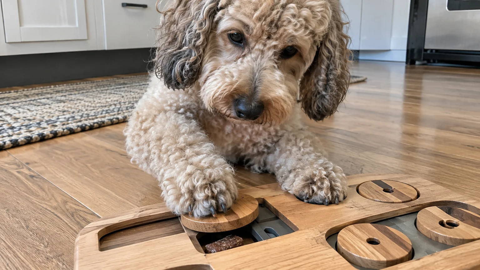 Fluffy curly-haired dog resting paws on a wooden sliding puzzle toy with dog treats inside on a wood floor.