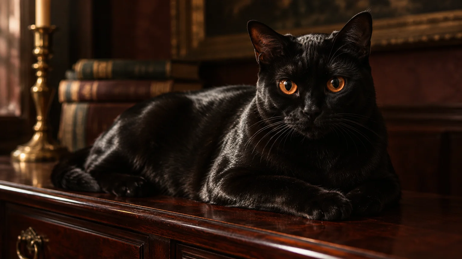 A sleek black Bombay cat with luminous copper-colored eyes lies across a polished wooden desk near vintage books.
