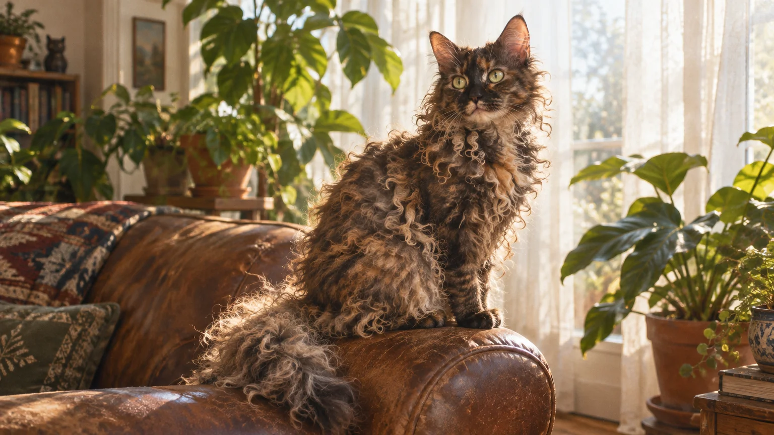 A curly-coated calico cat sits on the arm of a brown leather sofa in a sunlit living room with houseplants.
