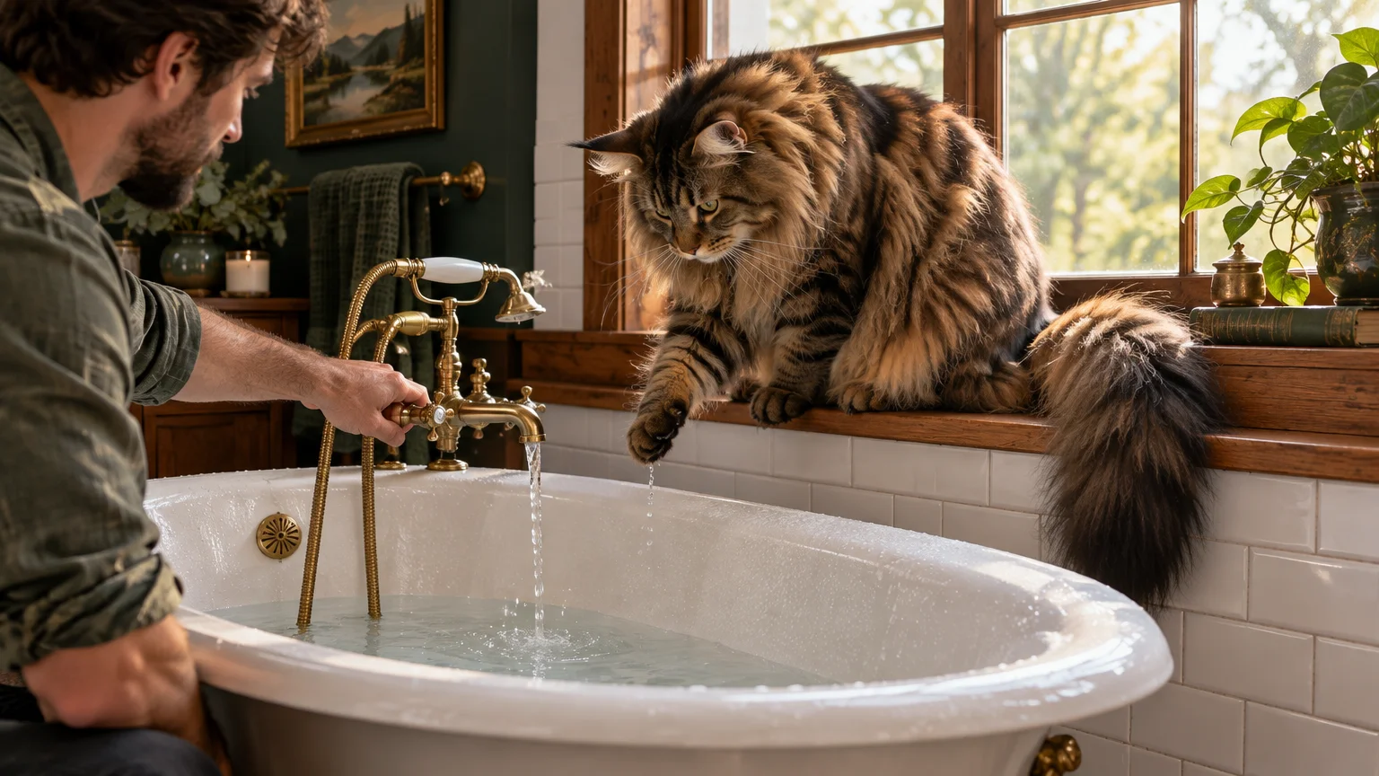 A fluffy Maine Coon cat sits on a windowsill reaching a paw toward running water in a bathtub beside a man.