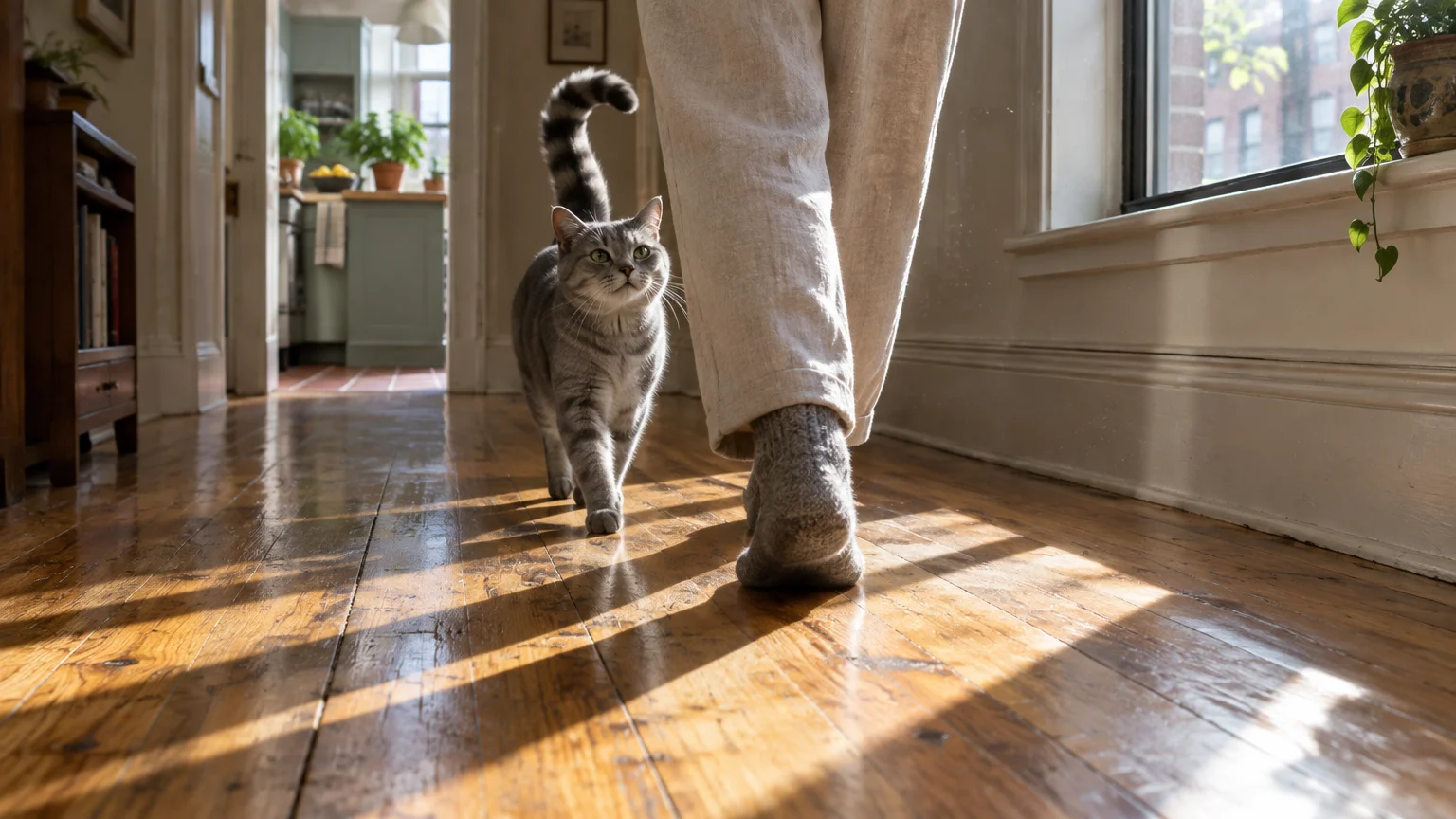 A grey tabby cat walks down a sunlit hardwood hallway directly behind a person wearing socks and linen pants.
