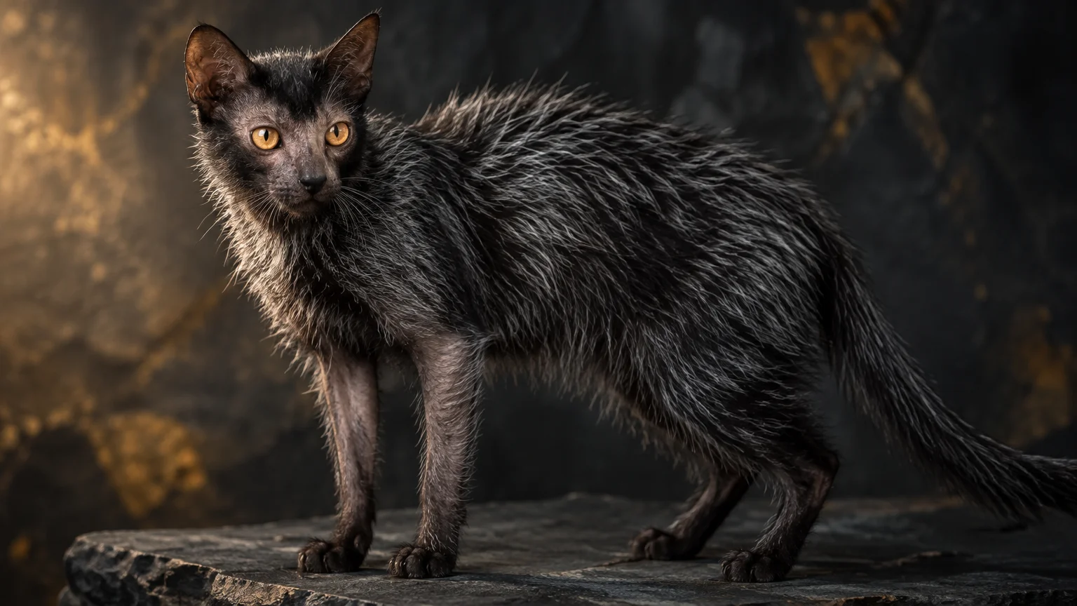 Black and silver-tipped Lykoi cat with yellow eyes standing on a stone surface against a dark background.
