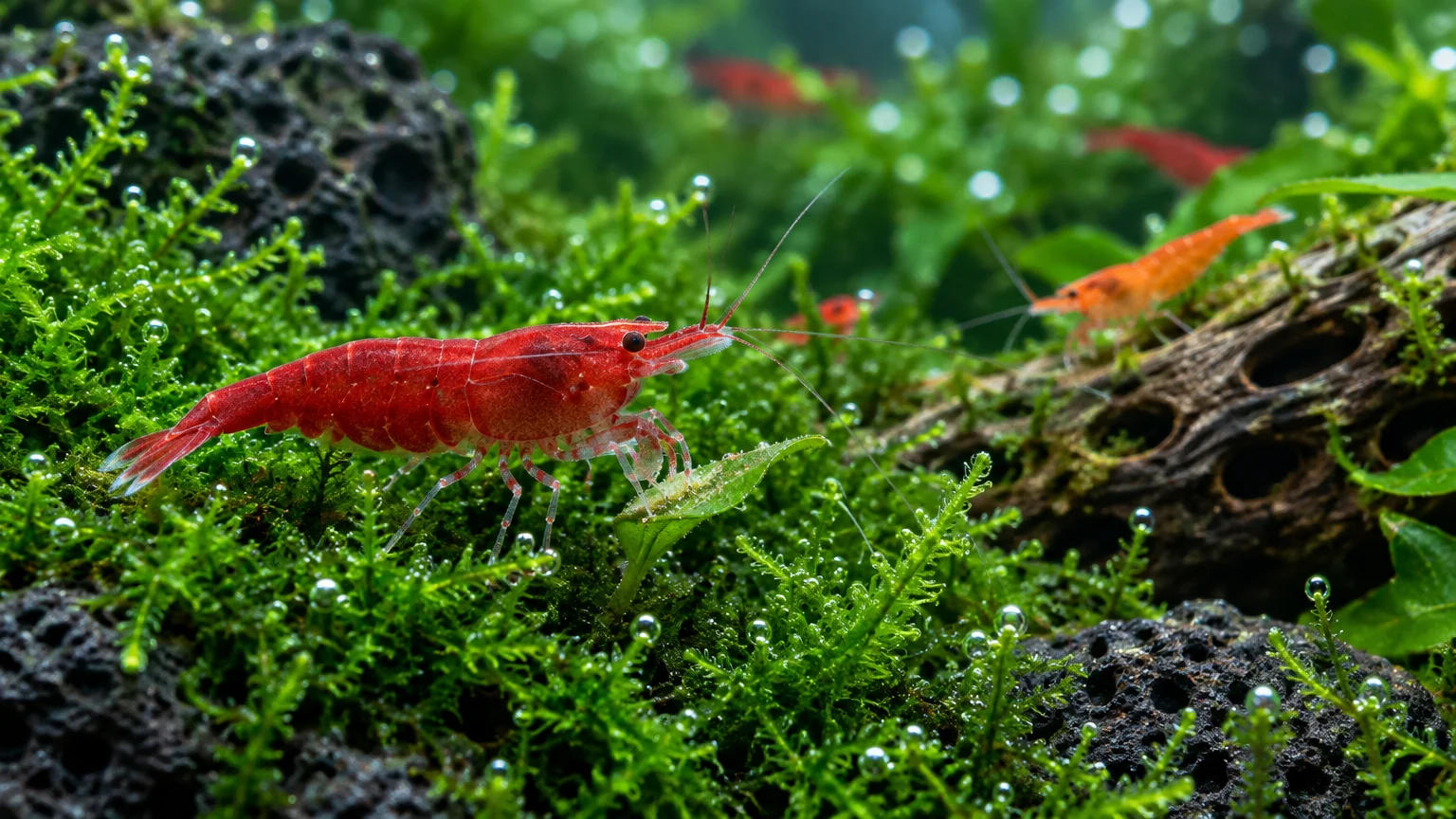 Bright red cherry shrimp crawling on lush green aquatic moss and black volcanic rock inside a freshwater planted aquarium.