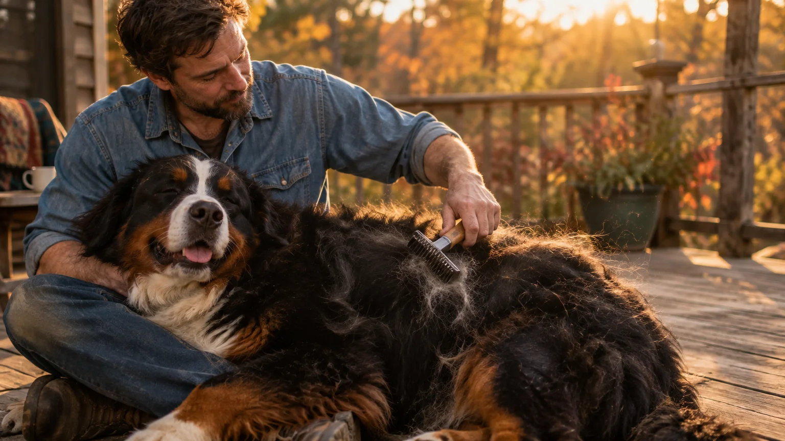 A man sits on a wooden deck outdoors brushing the thick fur of a relaxed Bernese Mountain Dog at sunset.