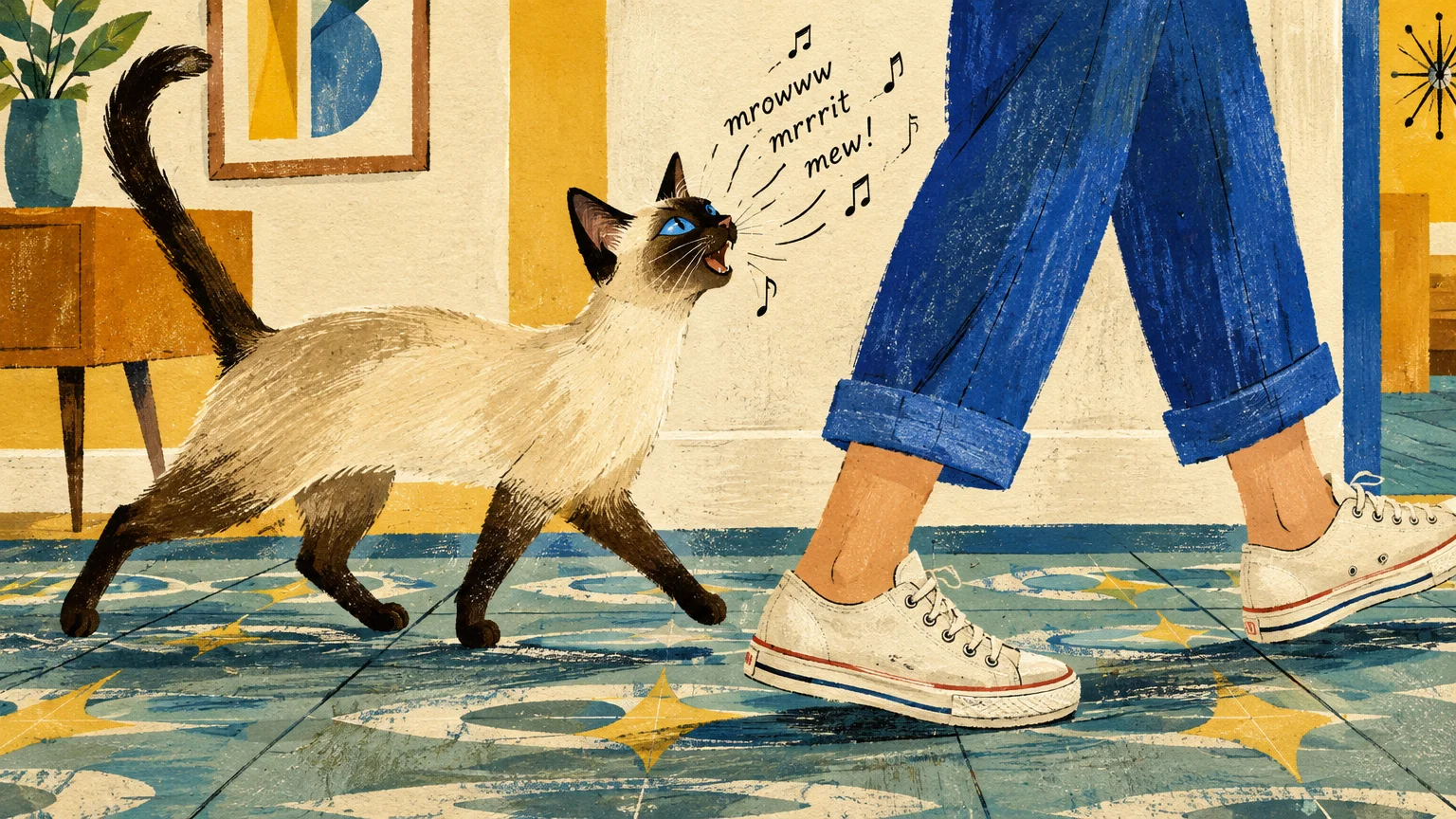 Illustration of a vocal Siamese cat trotting behind a person wearing cuffed blue jeans and white sneakers.