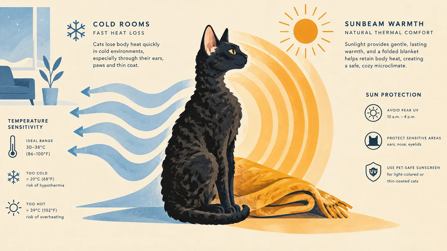 Infographic showing a black curly-coated cat between cold room airflows and warm sunbeams, detailing thermal sensitivities.