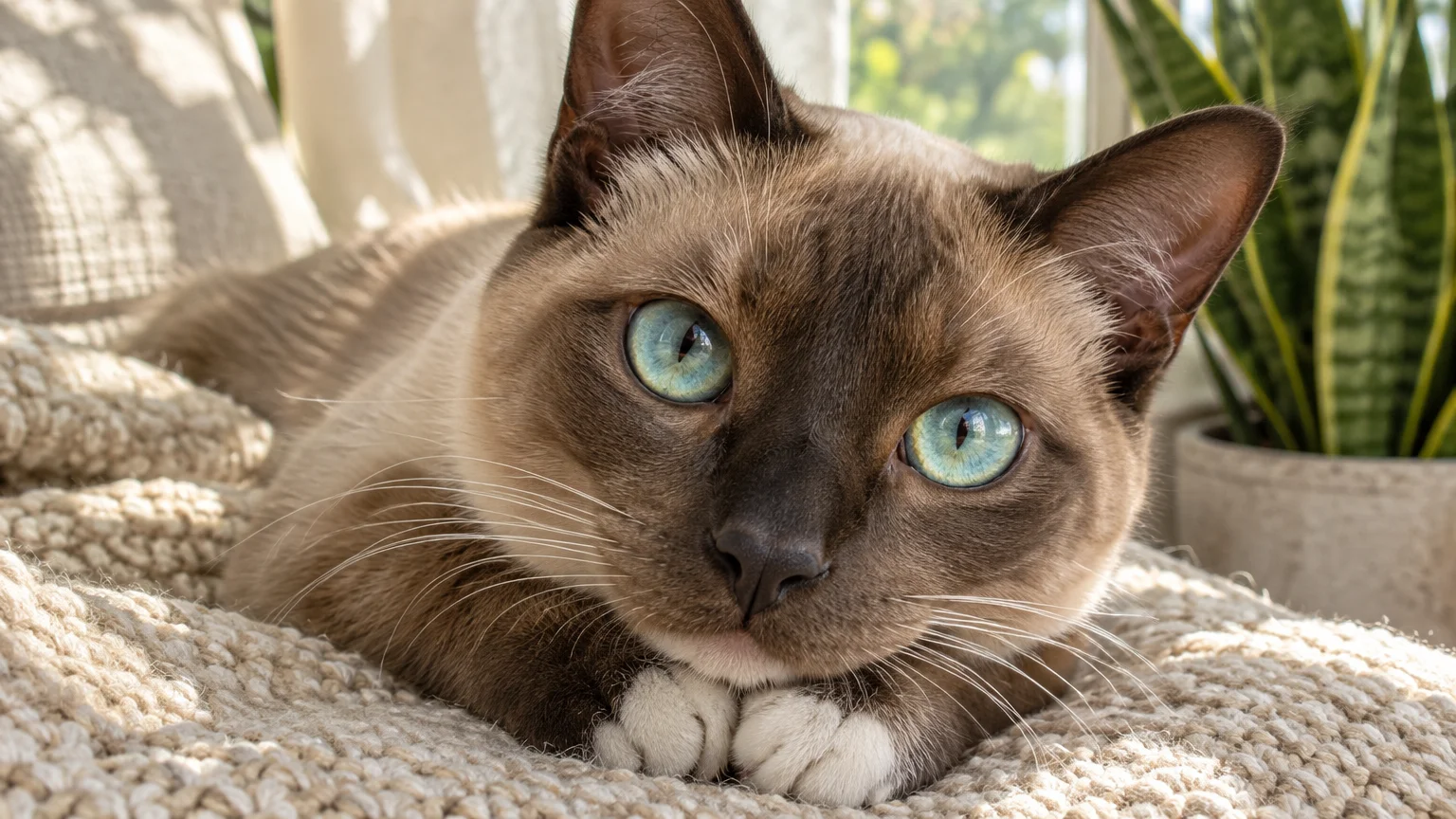 Close-up of a brown point cat with bright turquoise-aqua eyes lying on a woven blanket beside a potted plant.