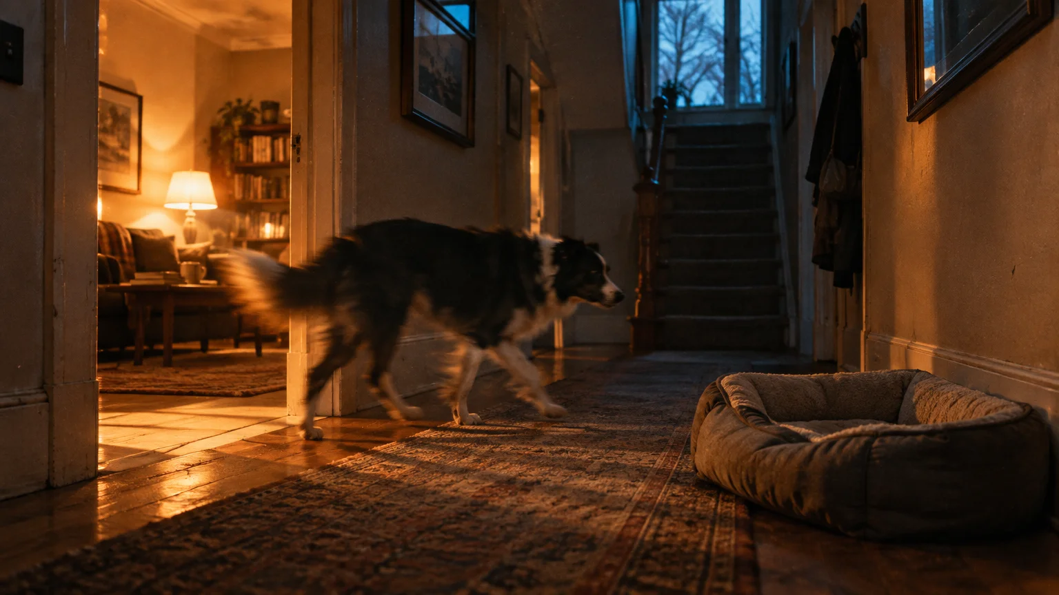 A border collie walks hurriedly through a dimly lit hallway past an empty dog bed.