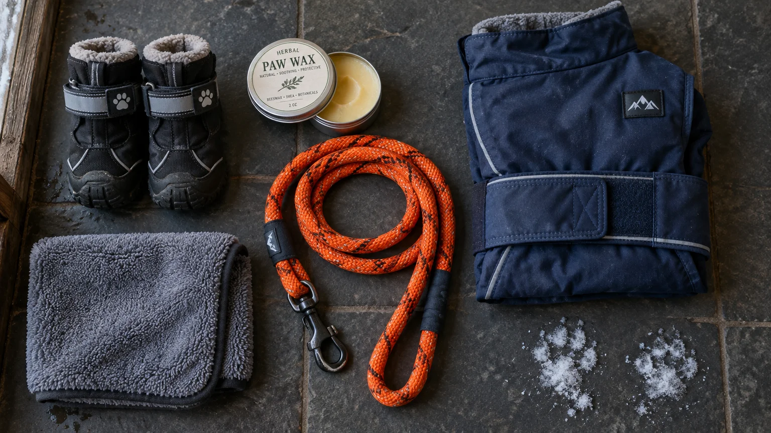 Dog winter gear flat lay with booties, paw wax tin, leash, towel, blue insulated coat, and snow paw prints on slate tile.