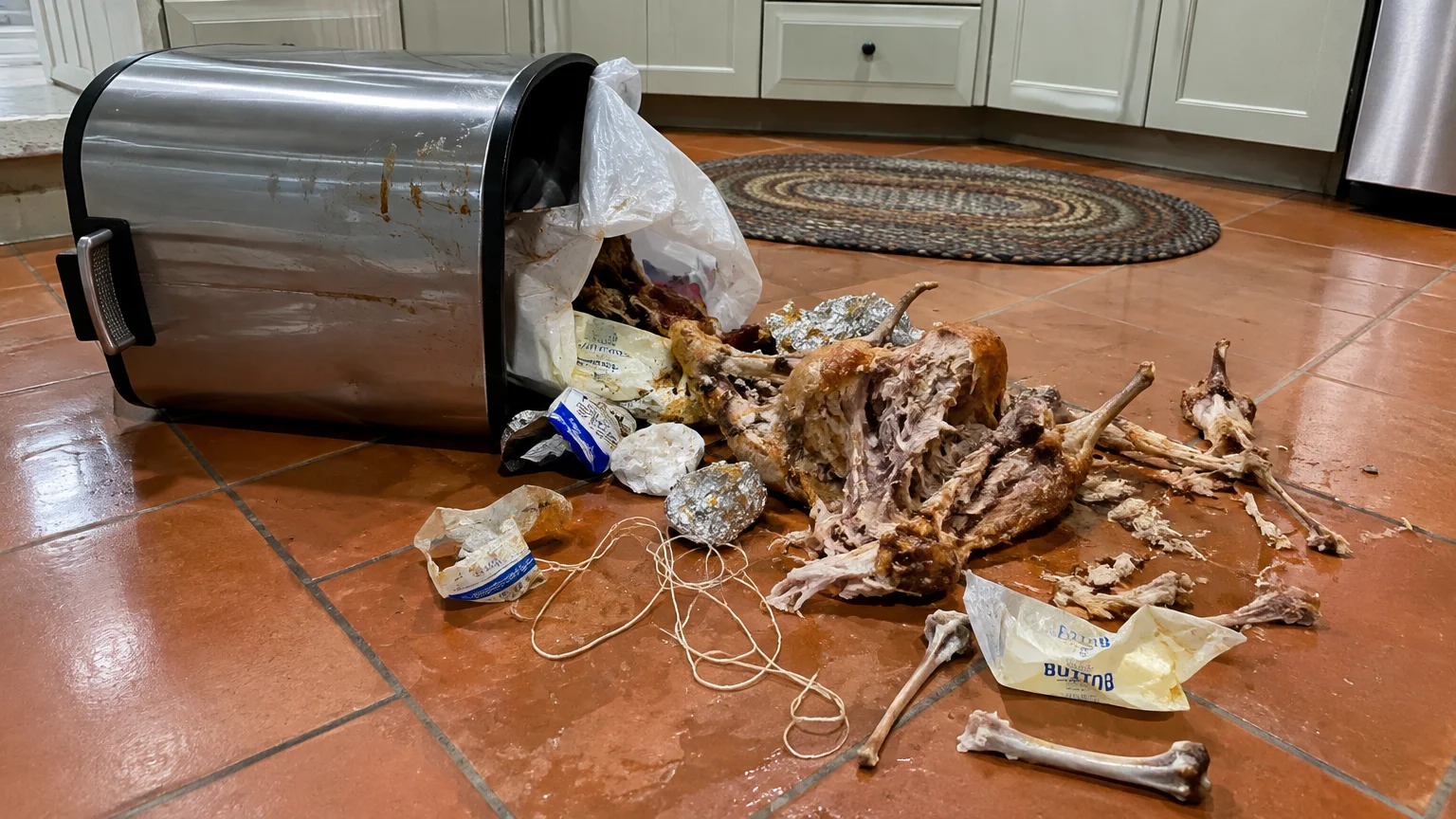 An overturned metal trash can spills a picked-apart turkey carcass, wrappers, and bones across a tiled kitchen floor.