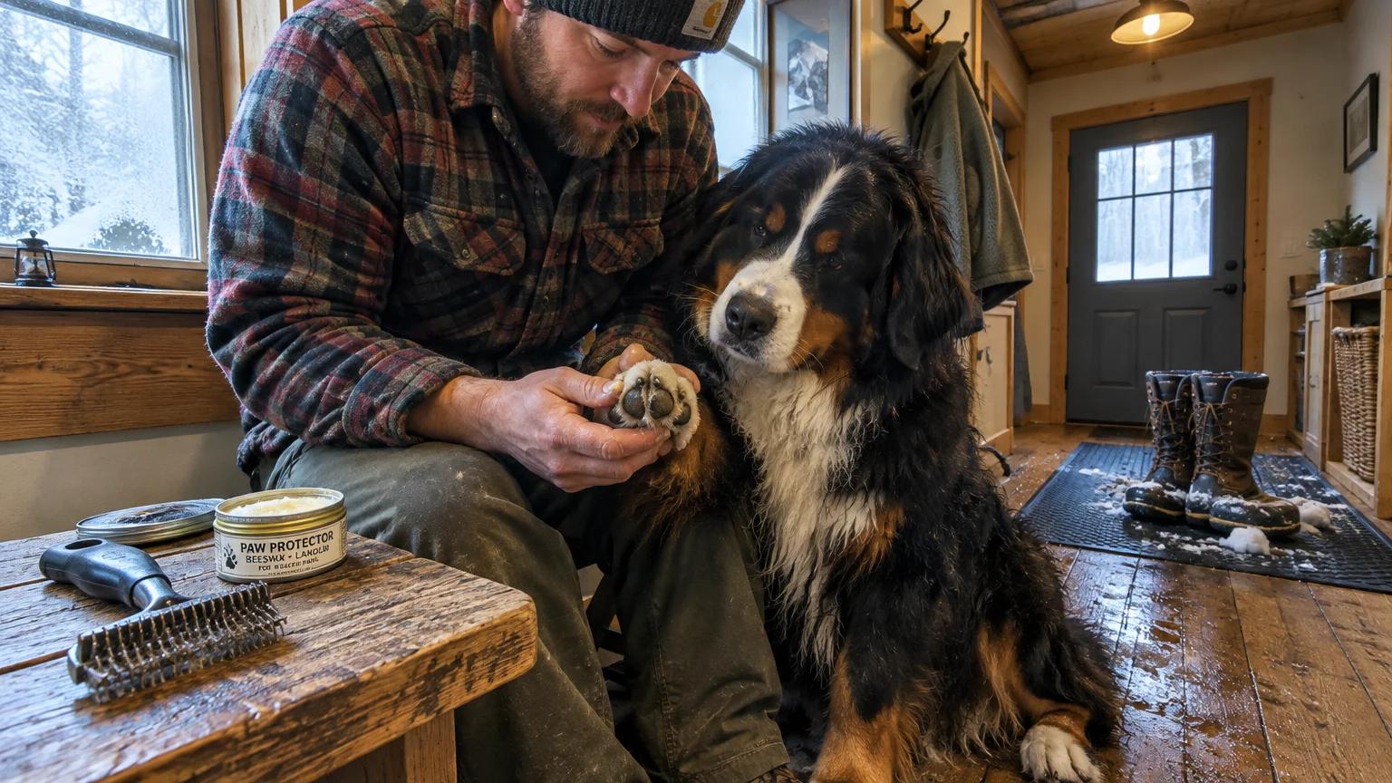 A man in a plaid jacket inspects the paw of a Bernese Mountain Dog next to an open tin of paw wax.