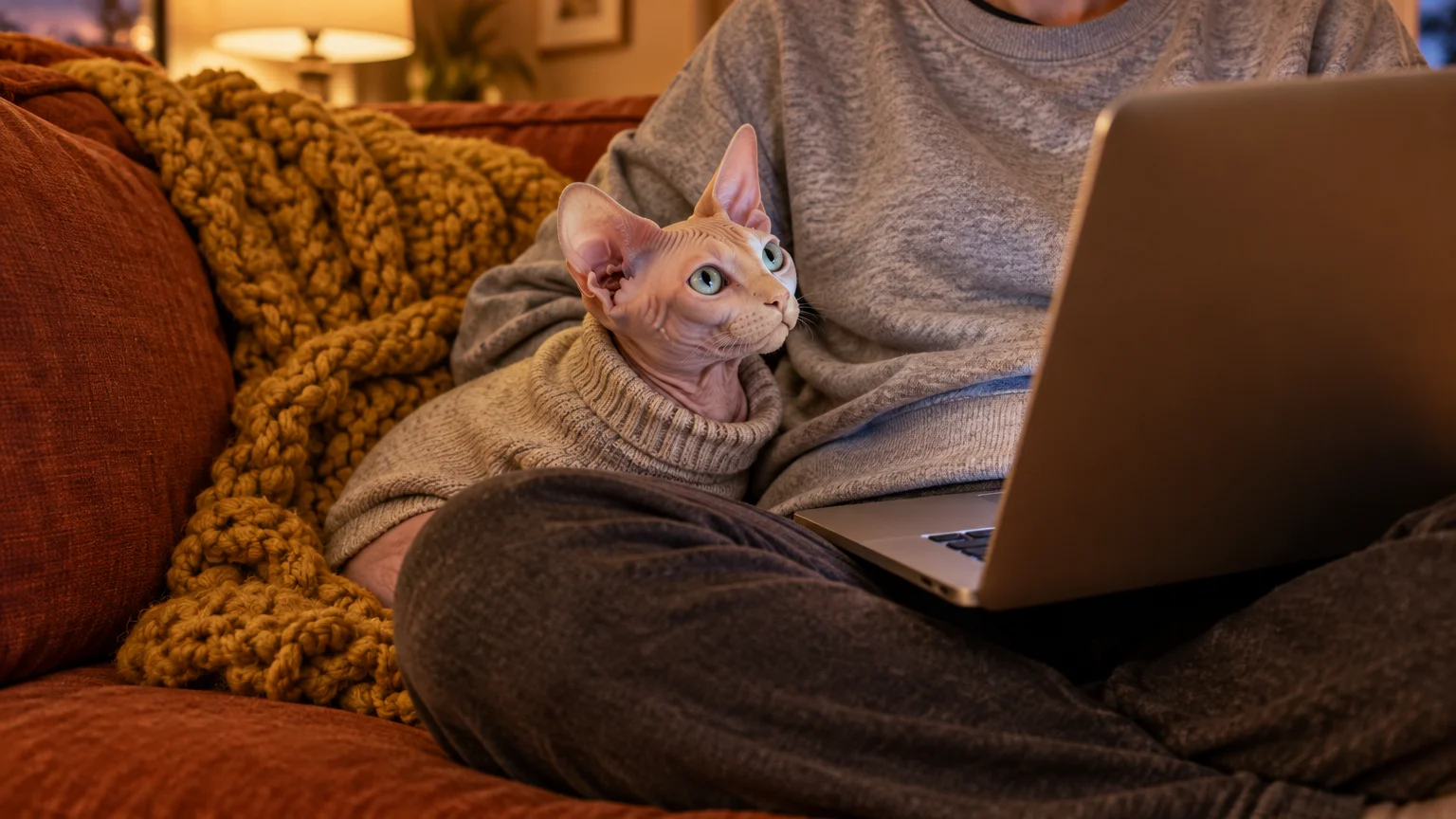 A Sphynx cat wearing a knit sweater sits snuggled next to a person using a laptop on a couch.