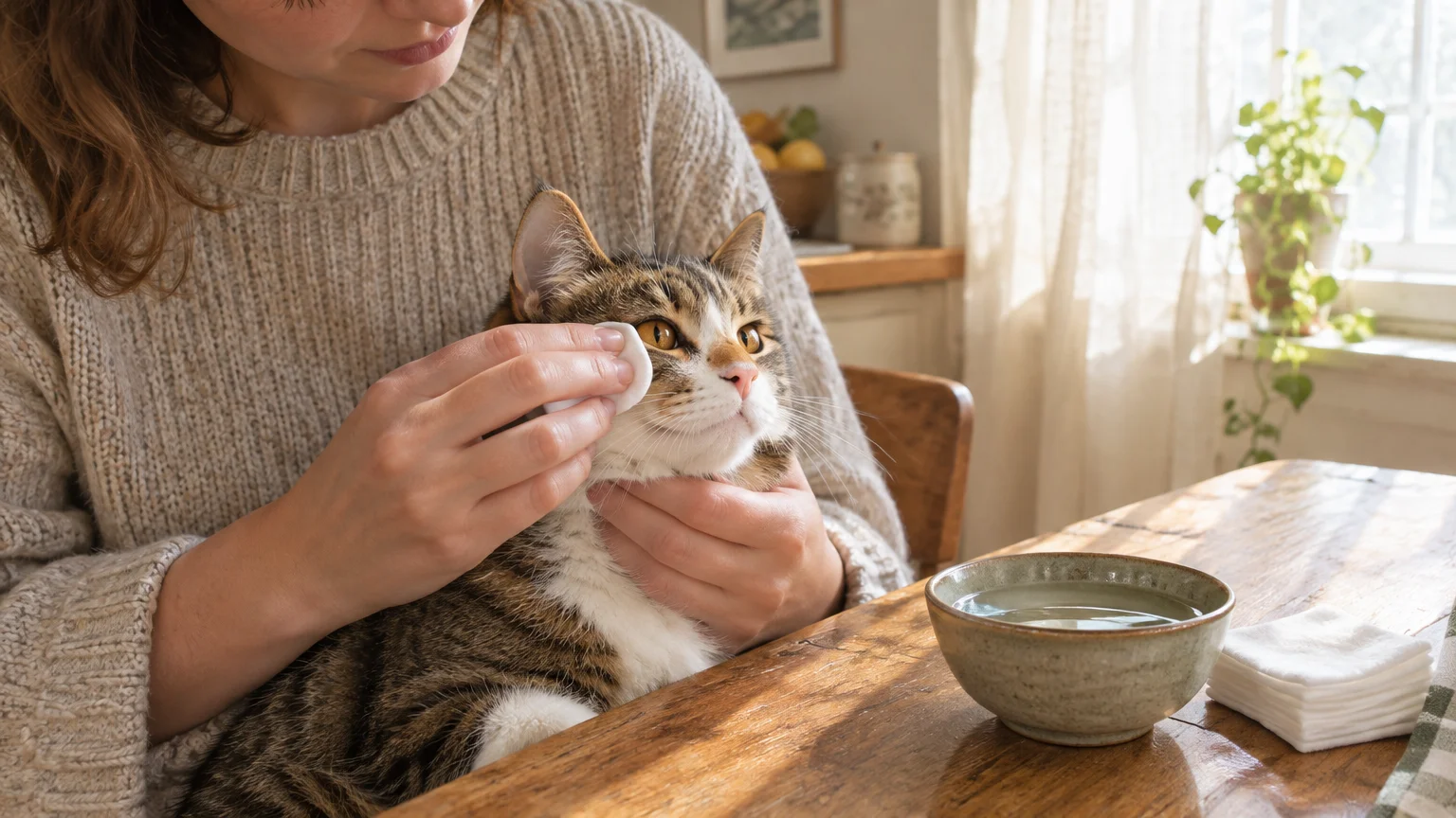 A woman gently cleans around a tabby cat's eye with a cotton pad beside a bowl of water on a wooden table.
