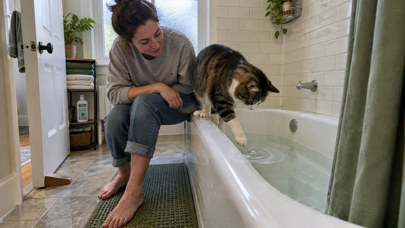 A woman sits on the edge of a bathtub while a tabby cat reaches its paw into the water.