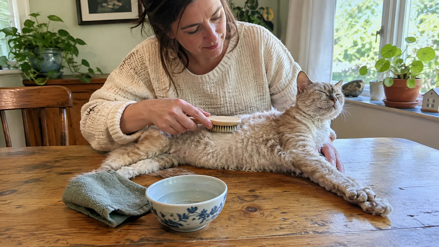 A woman gently brushes a relaxed curly-coated cat lying on a wooden table next to a bowl of water and cloth.