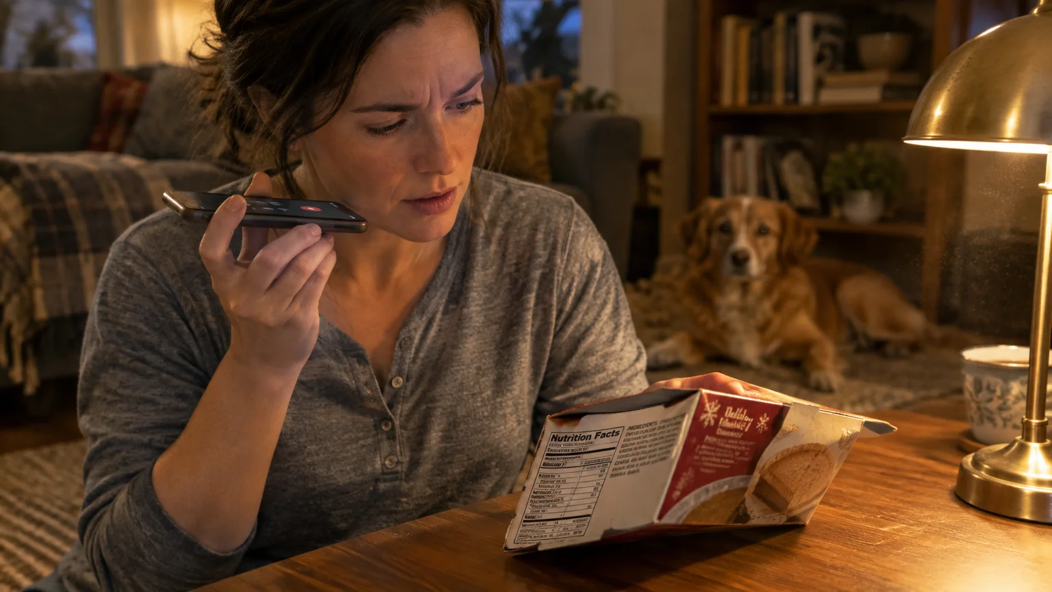 A concerned woman speaks on speakerphone while reading an ingredient label on a food box, with a dog resting behind her.