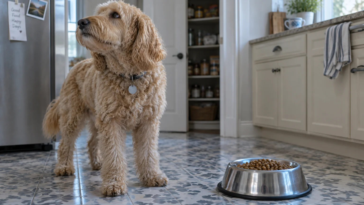 A golden doodle stands on a tiled kitchen floor looking up away from a full metal bowl of dry dog food.