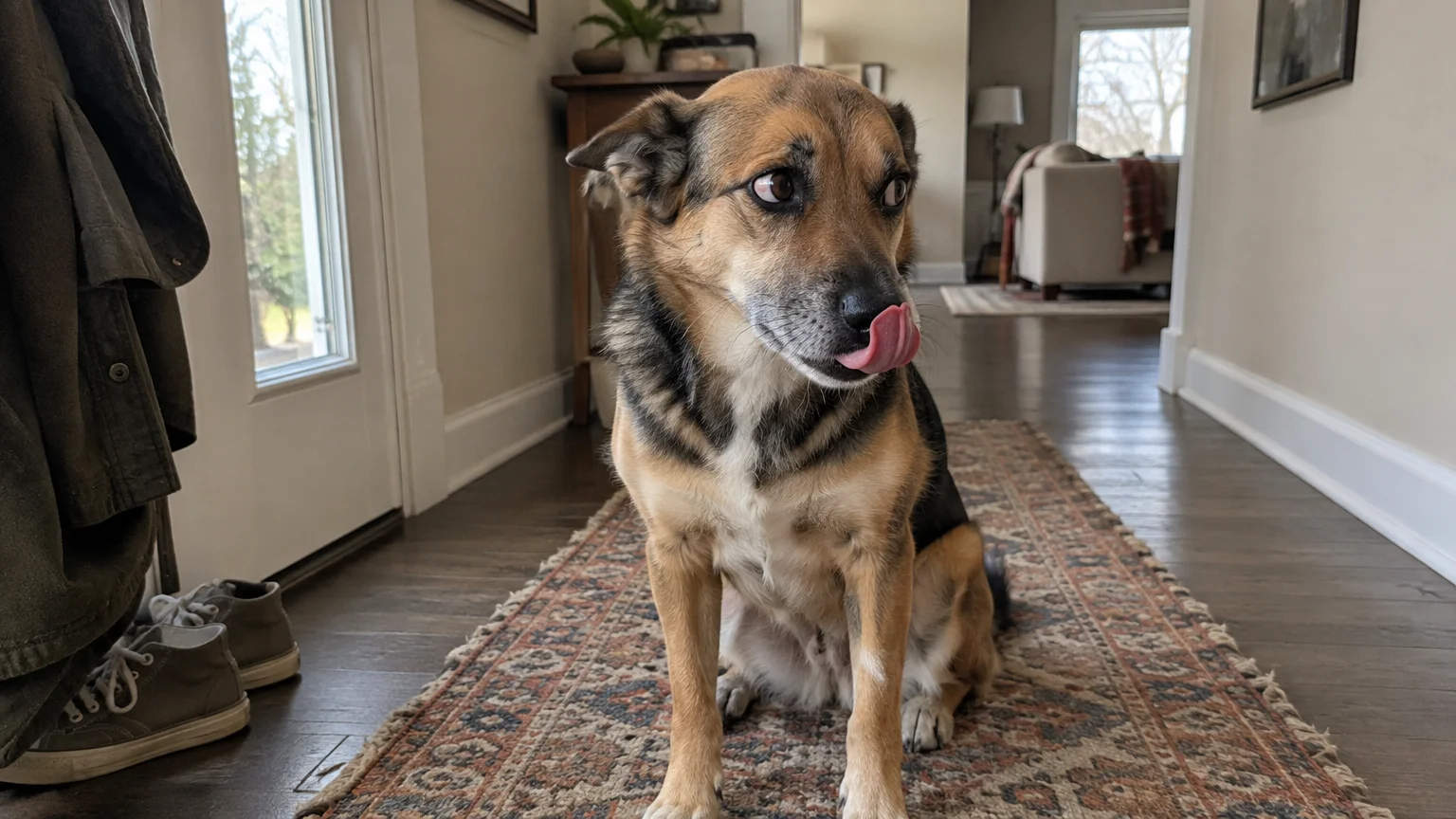 A tan and black dog sits on a hallway runner rug, flicking its pink tongue upward over its nose with wide eyes.