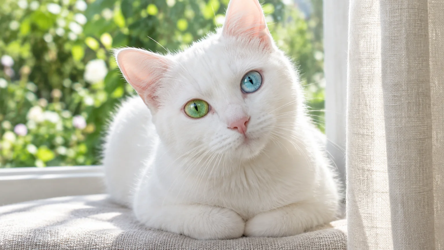 A white cat with one green eye and one blue eye rests on a cushioned windowsill beside a curtain.