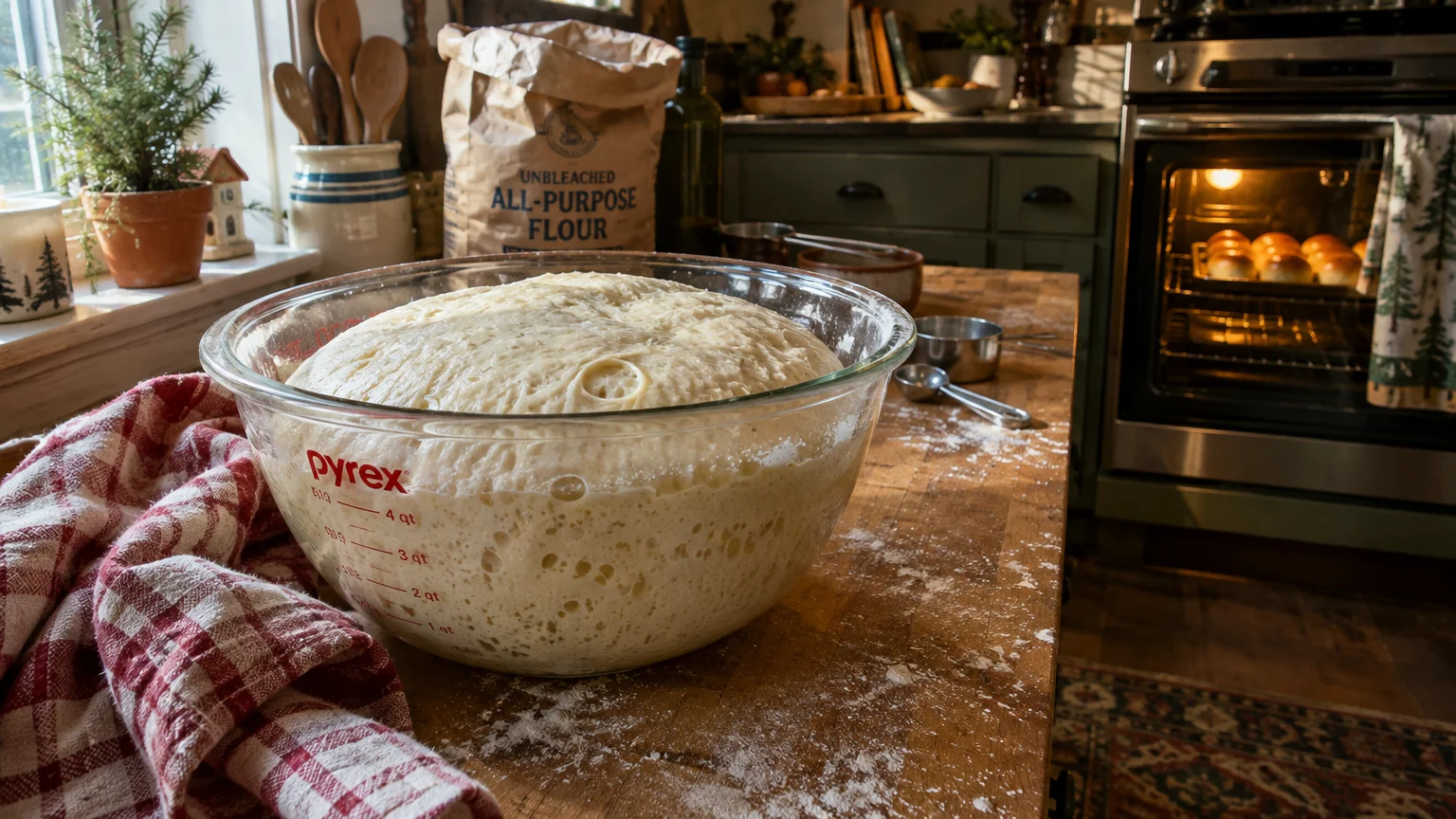 A large glass bowl of rising bread dough on a flour-dusted wooden counter beside an open oven baking rolls.