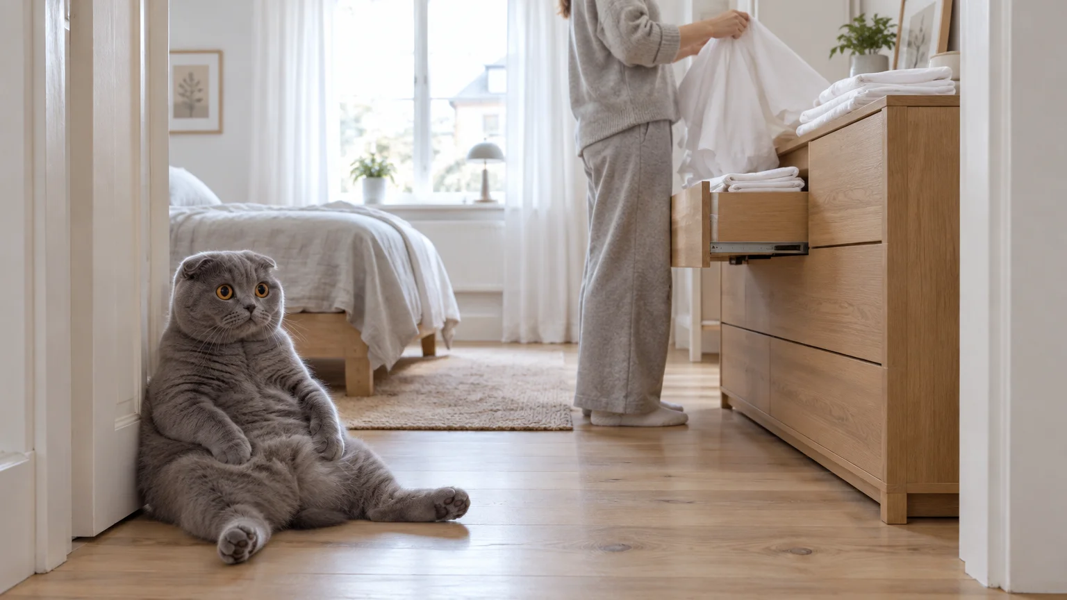 A grey Scottish Fold cat sits upright on a wooden floor near a doorway as a person folds laundry in a bedroom.