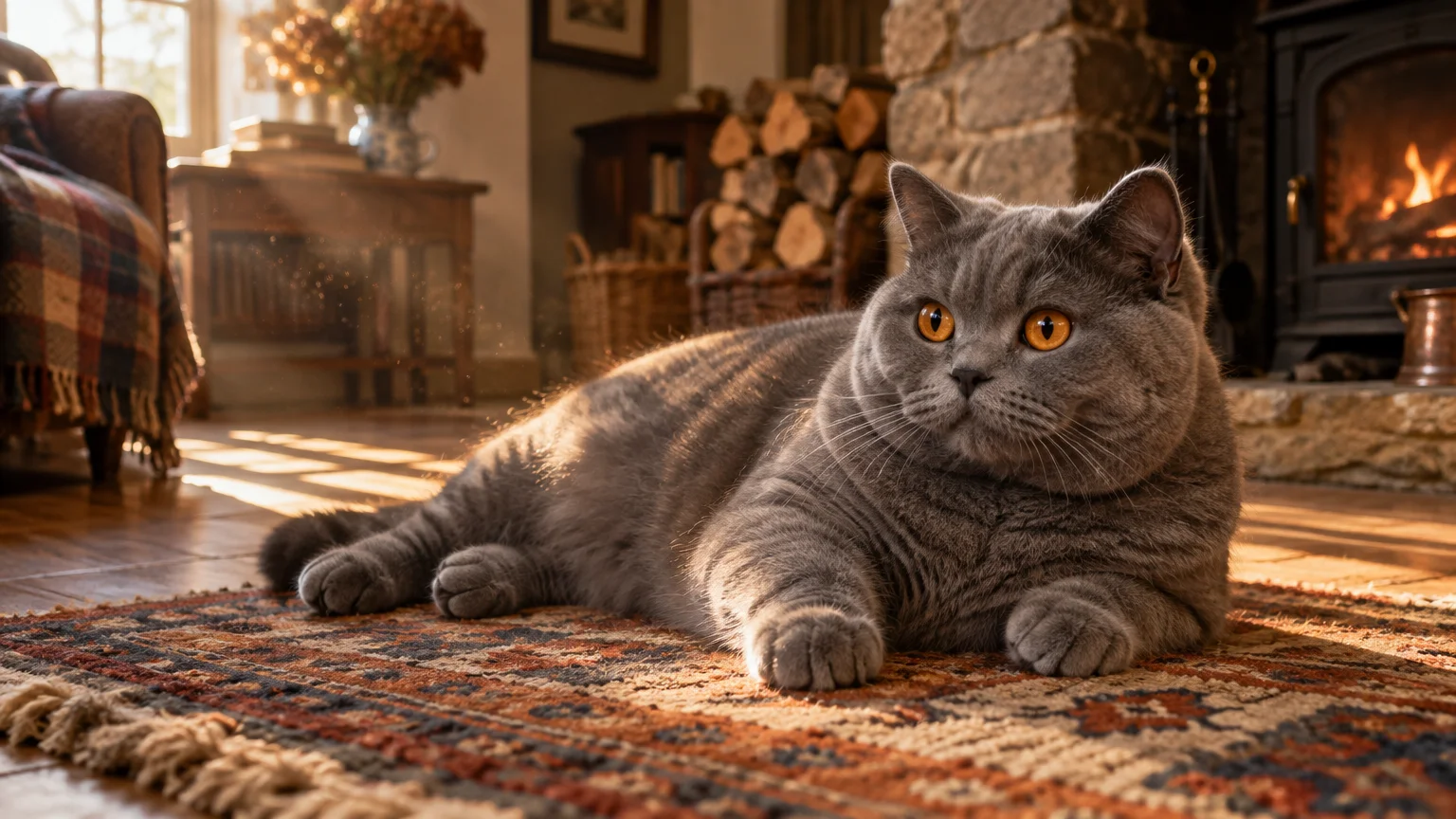 A chubby gray British Shorthair cat lies on a patterned rug indoors in front of a warm fireplace.