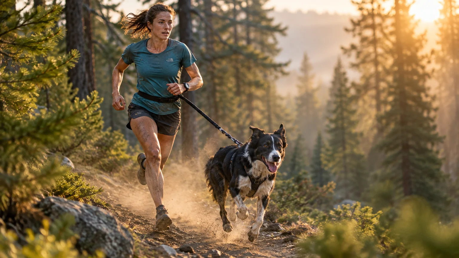 A woman and a black-and-white Border Collie run along a dusty dirt trail through a pine forest at sunrise.