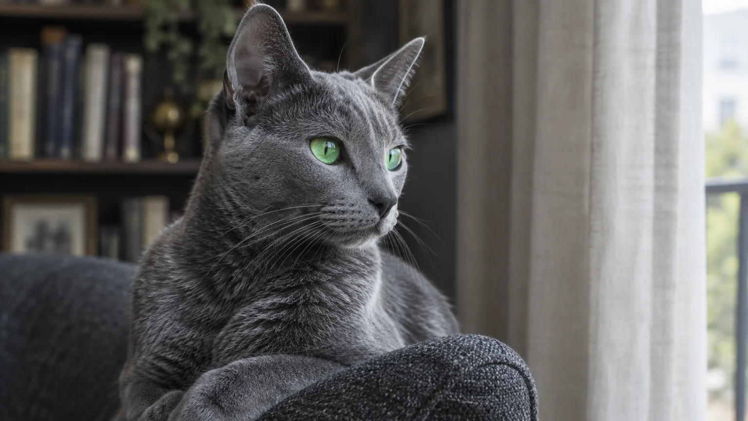 A gray Russian Blue cat with vivid green eyes sits on the armrest of a dark sofa in a living room.