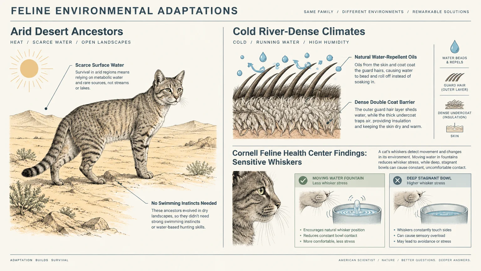 Diagram contrasting feline desert adaptations with cold climate double coat layers and whisker sensitivity diagrams.
