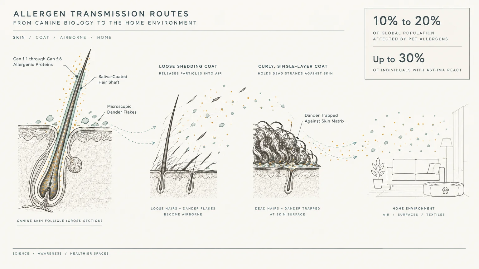 Diagram illustrating allergen transmission routes from canine skin follicles and coat types into the home environment.