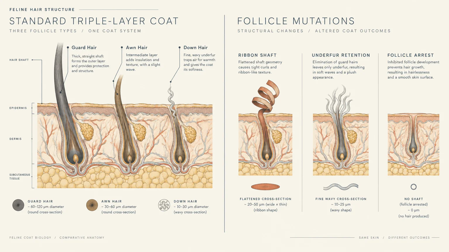 Diagram contrasting standard triple-layer cat hair follicles with mutated follicles showing ribbon shafts and underfur.