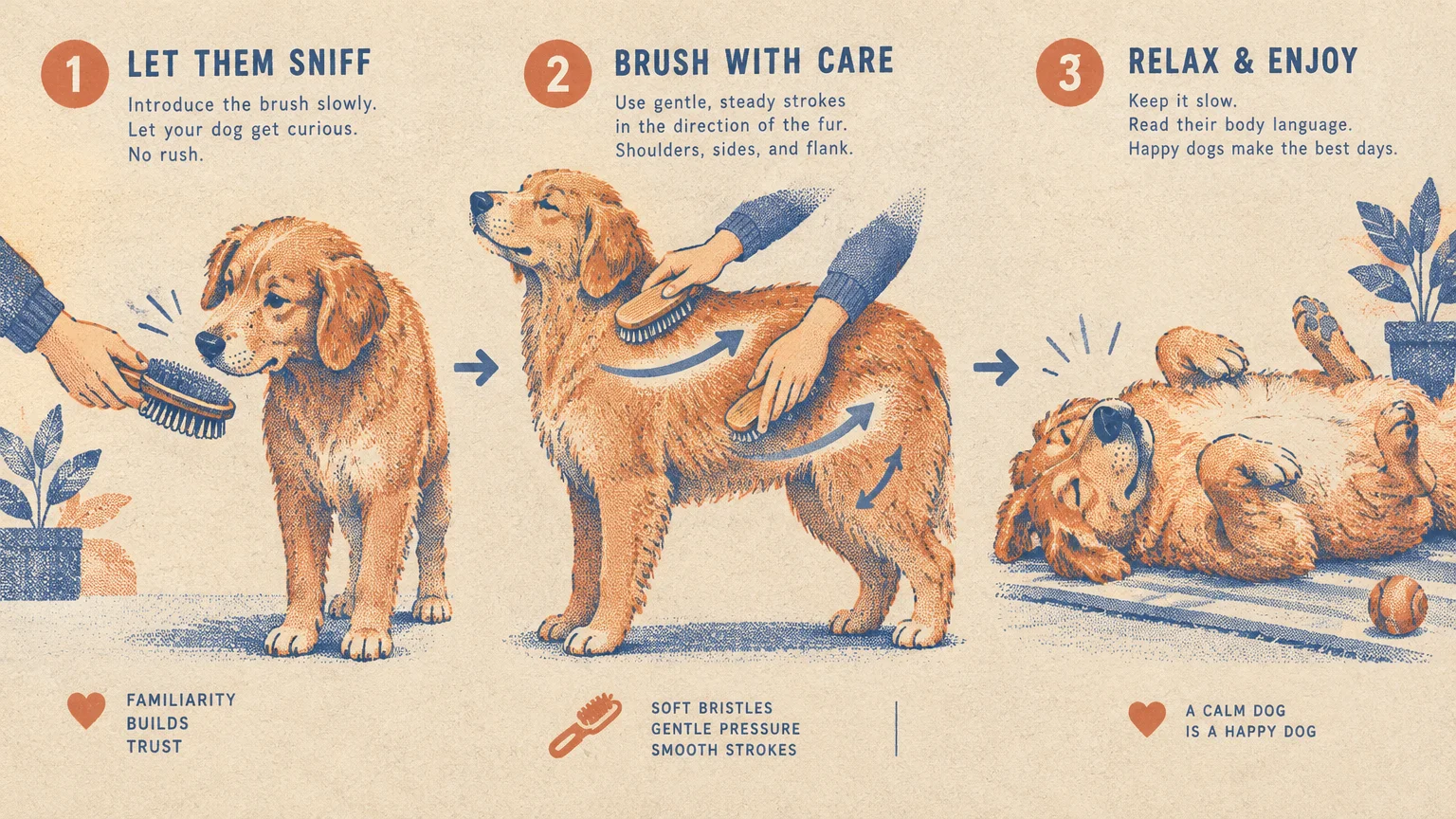 Three-step illustration showing a golden retriever being introduced to a brush, groomed along its coat, and rolling happily.