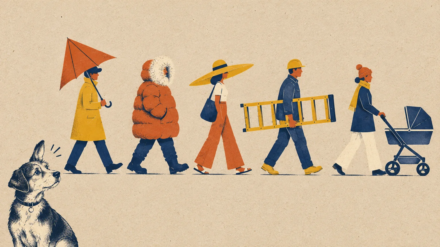 Illustration of a dog watching a line of people walking by with an umbrella, parka, sun hat, ladder, and stroller.