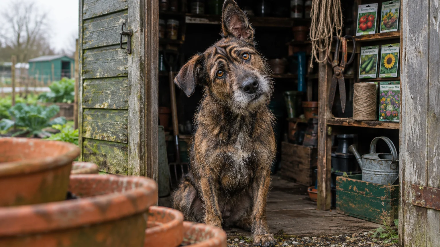 A scruffy, brindle dog tilts its head with one ear raised while sitting in the doorway of a wooden garden shed.