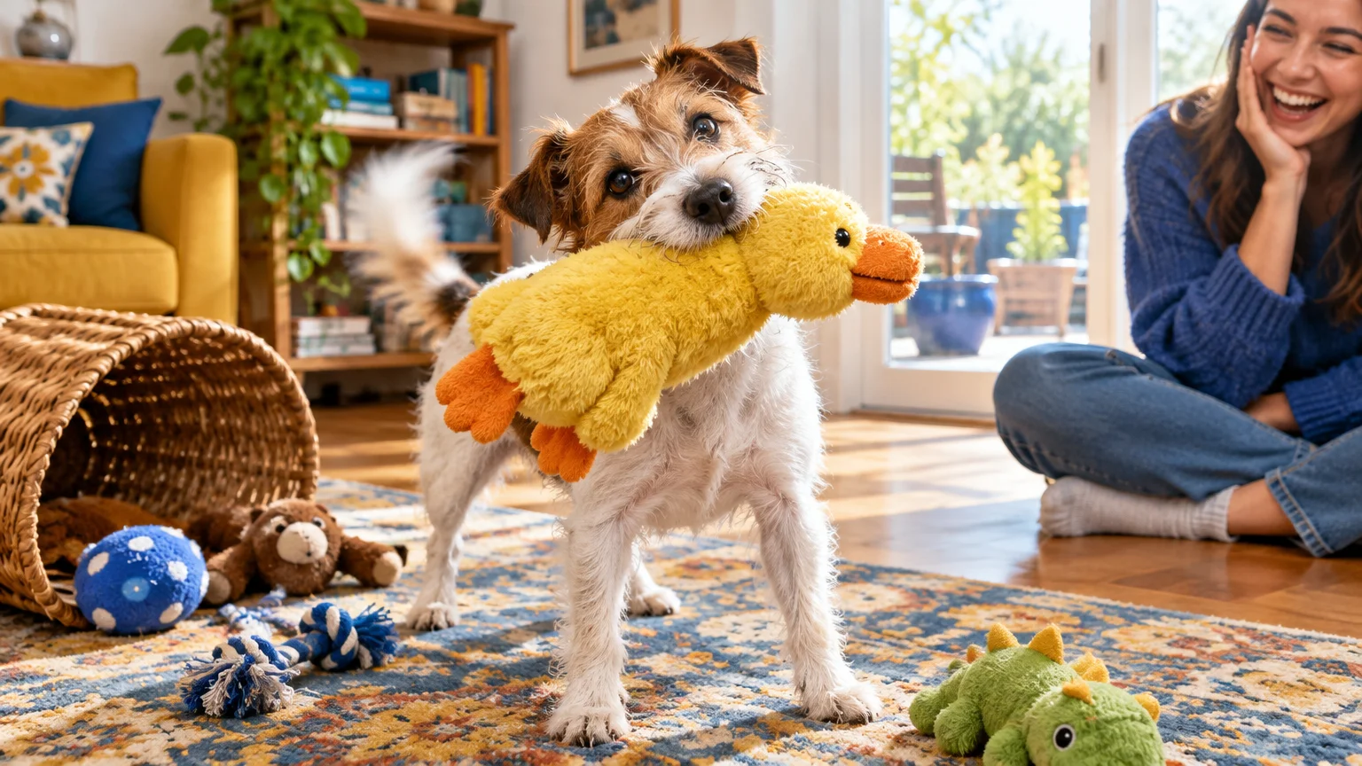 A scruffy terrier stands on a rug holding a large yellow plush duck in its mouth while a woman laughs nearby.