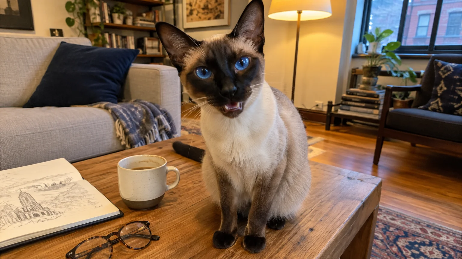 A vocal Siamese cat with vivid blue eyes sits on a wooden coffee table next to a mug, glasses, and a sketchbook.