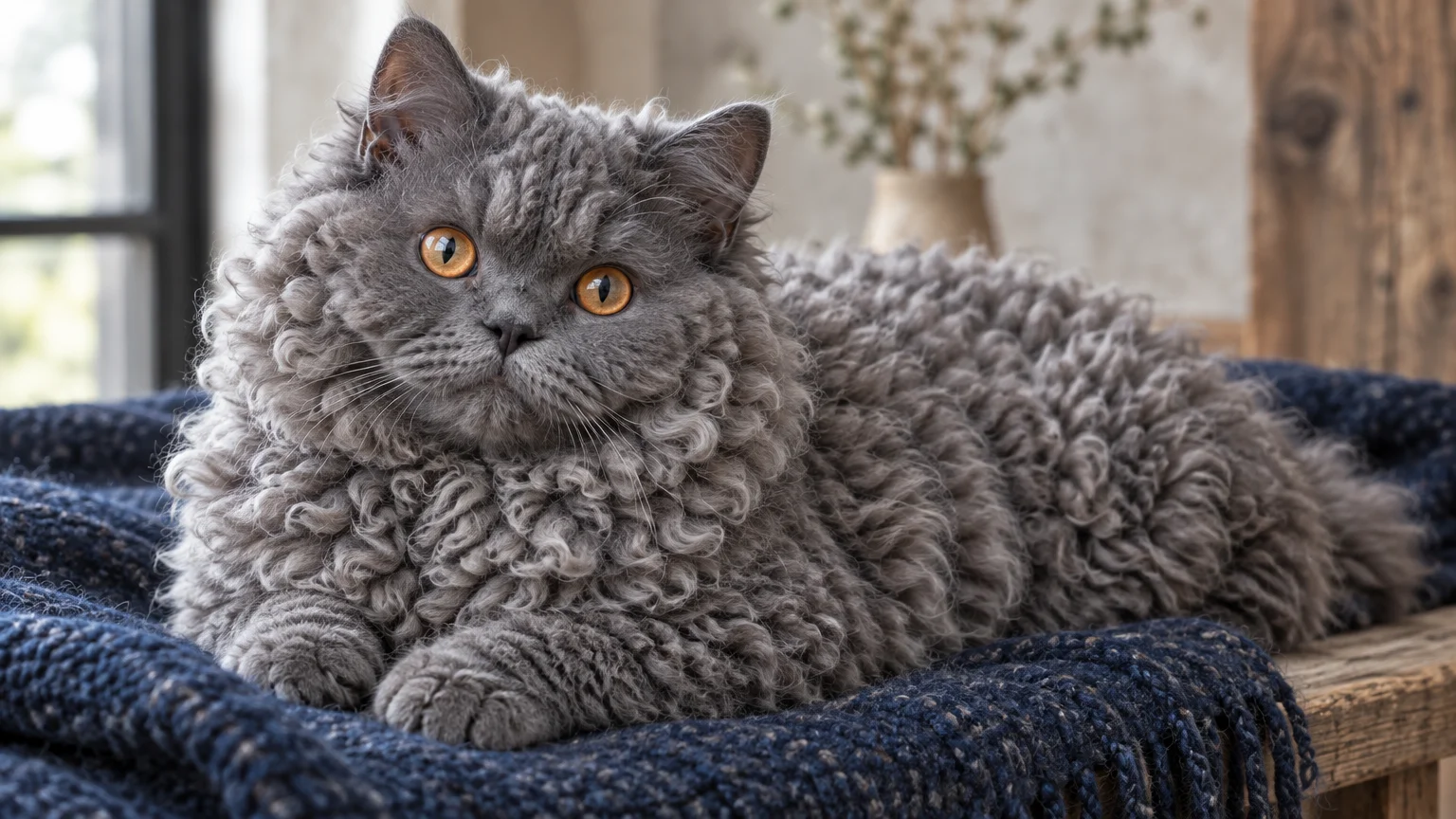 Grey Selkirk Rex cat with dense curly fur and amber eyes resting on a dark blue knit blanket.