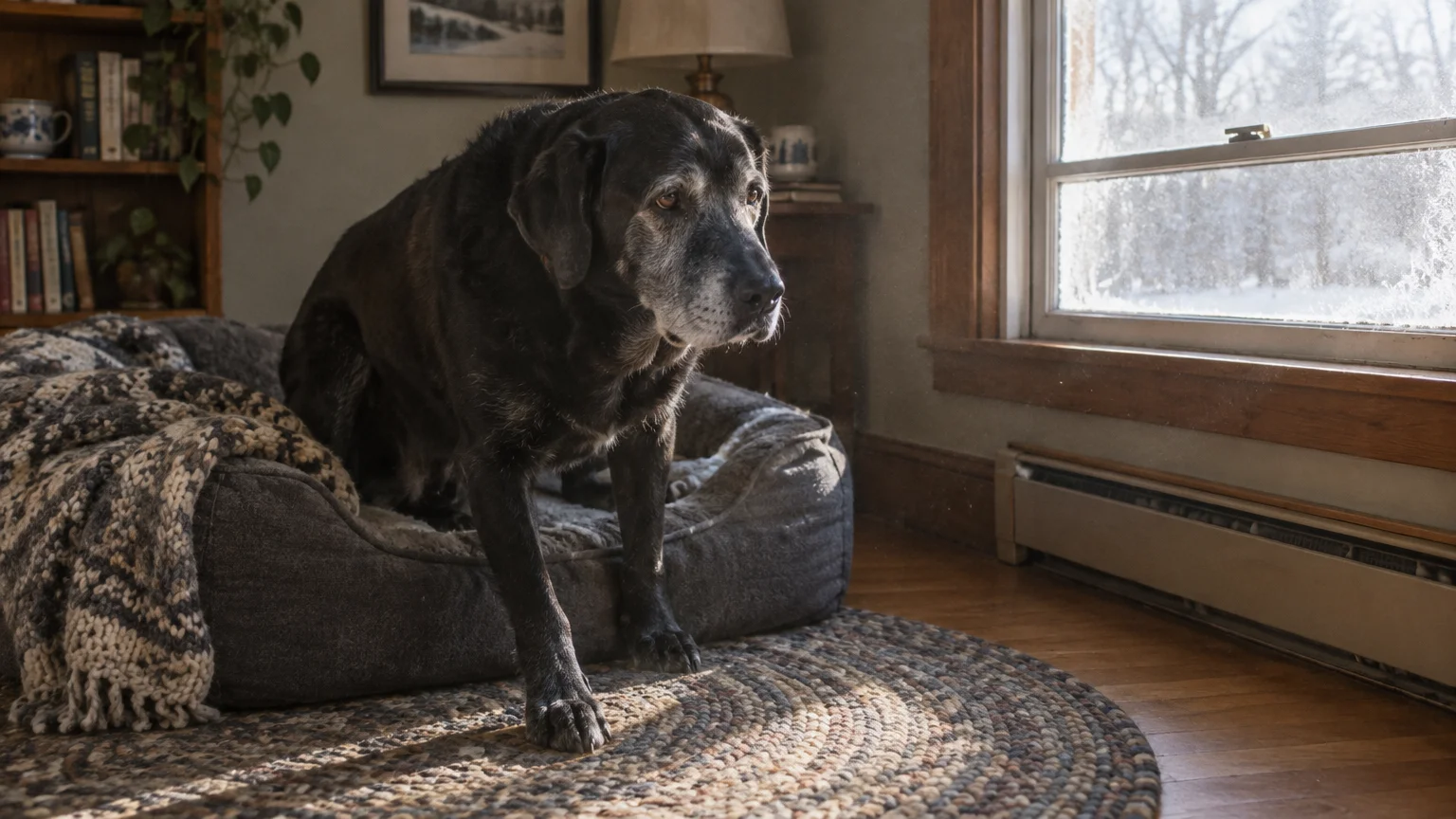 Senior black dog with a gray muzzle slowly standing up from a dog bed by a frosty window.