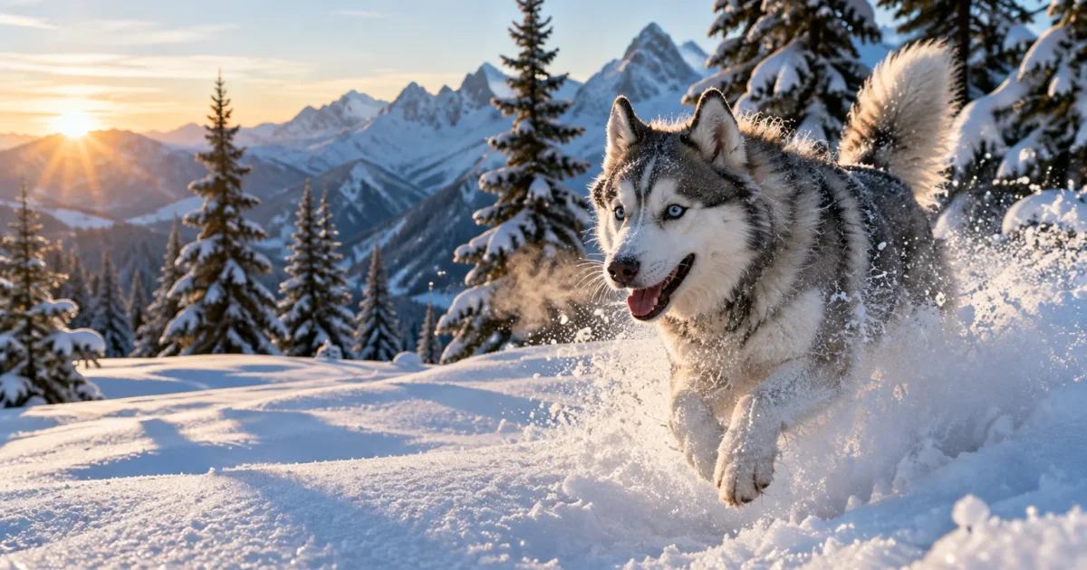 A husky with blue eyes bounds through deep snow in a sunny alpine mountain landscape with evergreen trees.