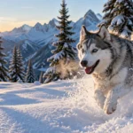 A husky with blue eyes bounds through deep snow in a sunny alpine mountain landscape with evergreen trees.