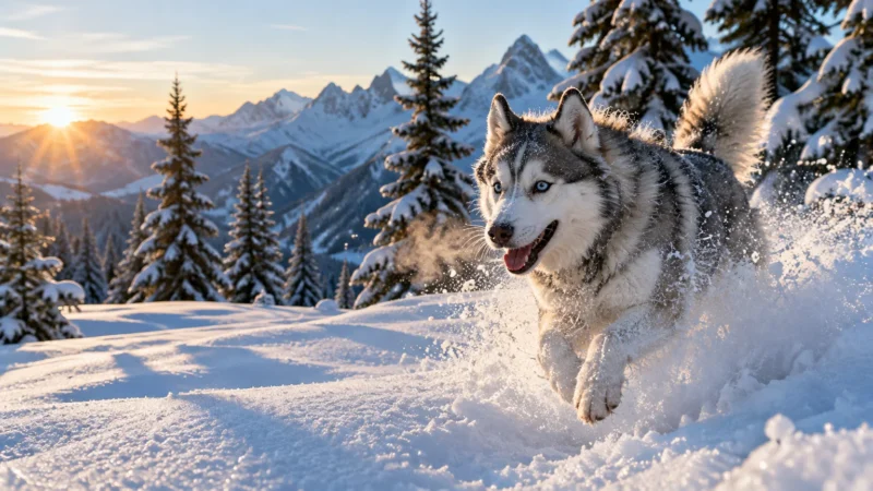 A husky with blue eyes bounds through deep snow in a sunny alpine mountain landscape with evergreen trees.