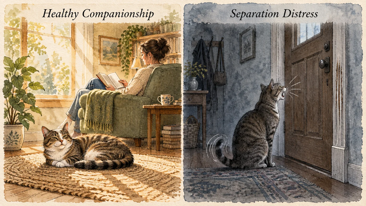 Split illustration showing a relaxed cat near a reading woman beside a distressed cat crying at a scratched door.