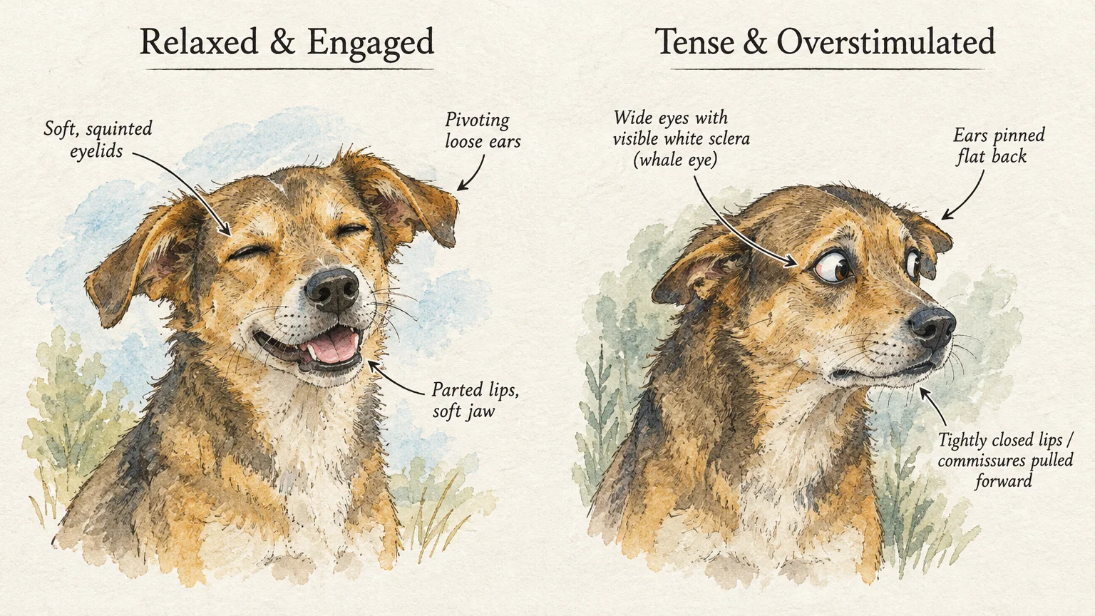Watercolor diagram comparing a relaxed dog with squinted eyes to a tense dog with whale eye and flattened ears.
