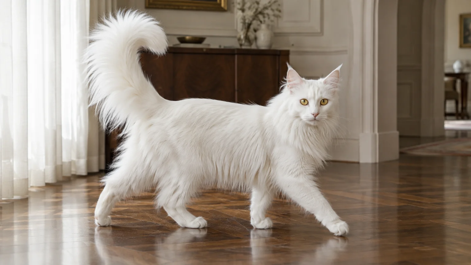 A long-haired white cat with amber eyes walks across a polished parquet wooden floor with its tail held high.