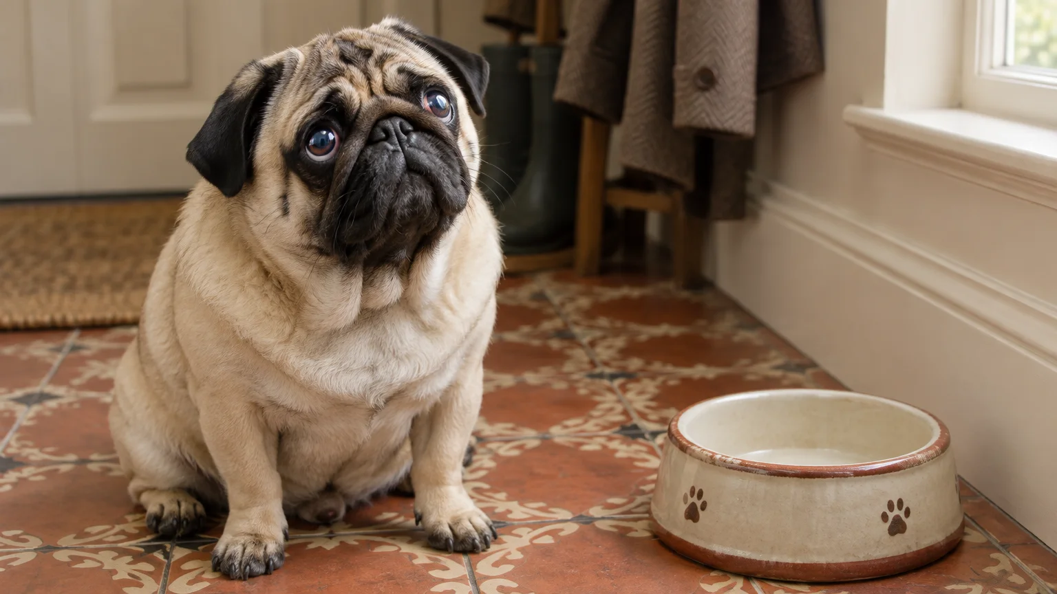 A fawn pug sits on a tiled floor next to an empty ceramic bowl, looking up with wide, worried eyes.