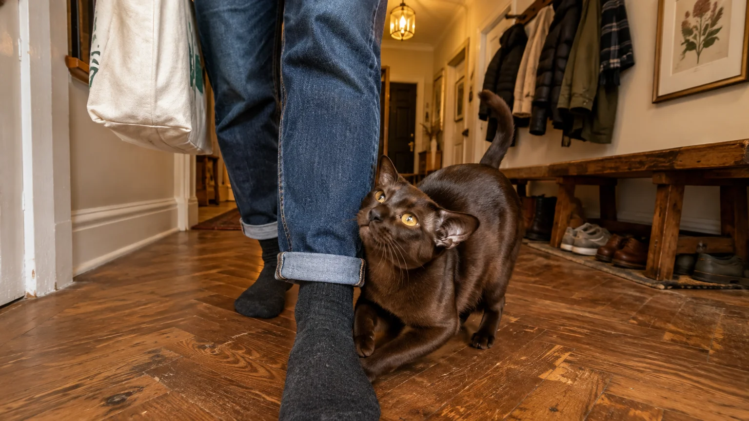 A sleek brown cat rubs its face affectionately against a person's jeans-clad leg in a wooden hallway.