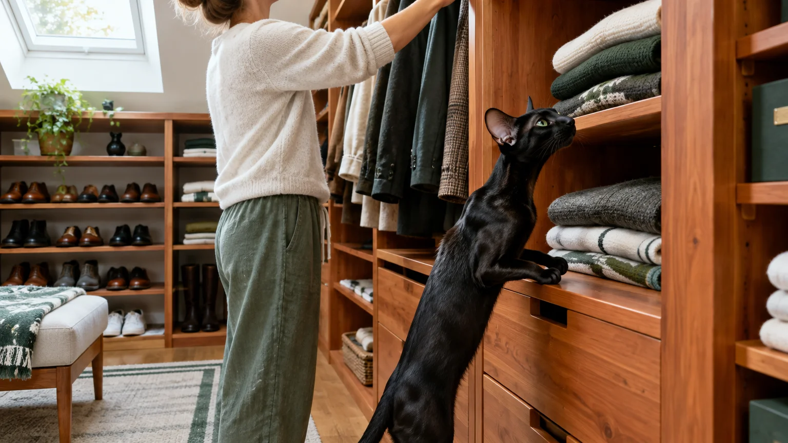 A black Oriental Shorthair cat stands on hind legs, peering at folded sweaters beside a woman in a walk-in closet.