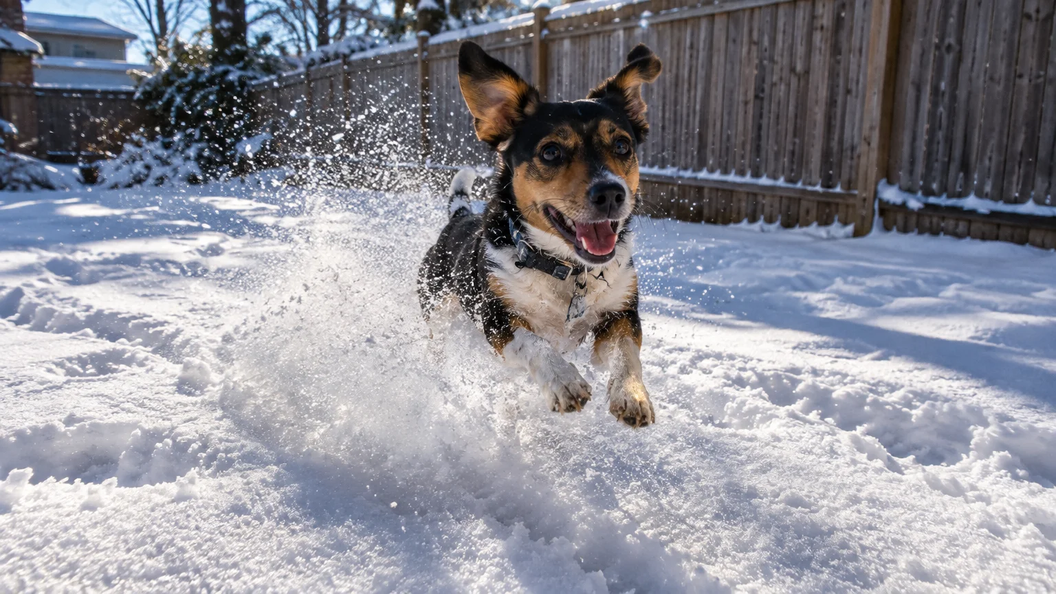 Small black, tan, and white dog joyfully running through deep snow in a sunny backyard, kicking up powder.